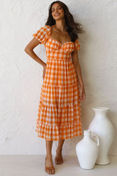 Robe mi-longue à carreaux vintage à col en V et manches bouffantes - Orange